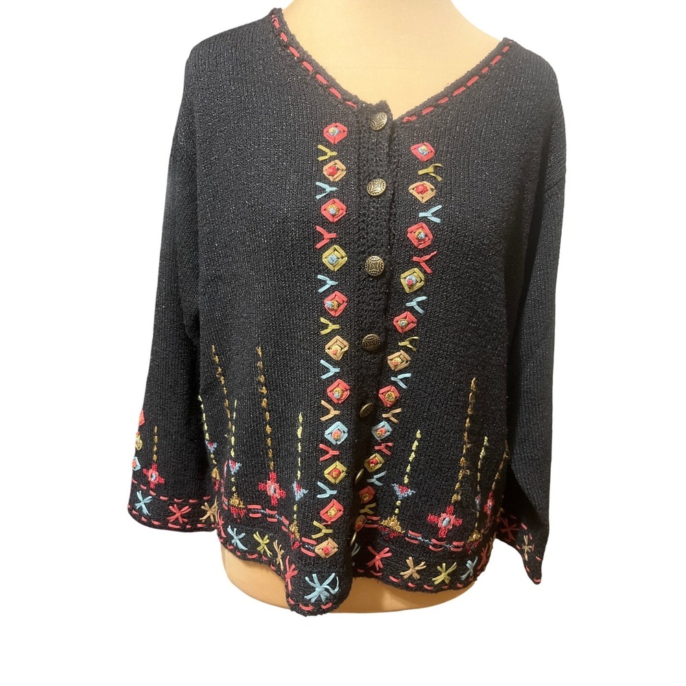 Icelandic Design L Black Boho Embroidered Silk Cottagecore Cardigan Folk Vintage